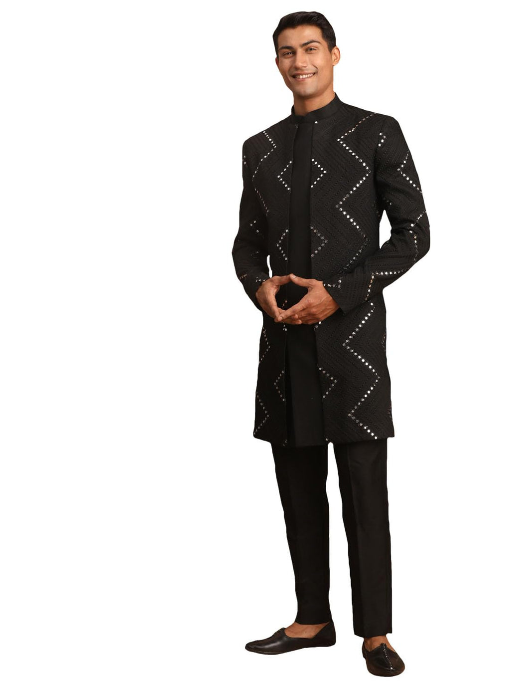 VASTRAMAY Mens Black Viscose Sherwani Set | Mirror work Embellished Viscose Indo Western And Pant Style Pyjama For Men.