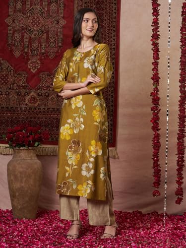 ANNI DESIGNER Womens Rayon Blend Straight Printed Kurta with Pant (KEJRI Gold_S_Gold_Small)