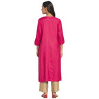 Fabindia Women Viscose Silk Embroidered Long Kurta Pink