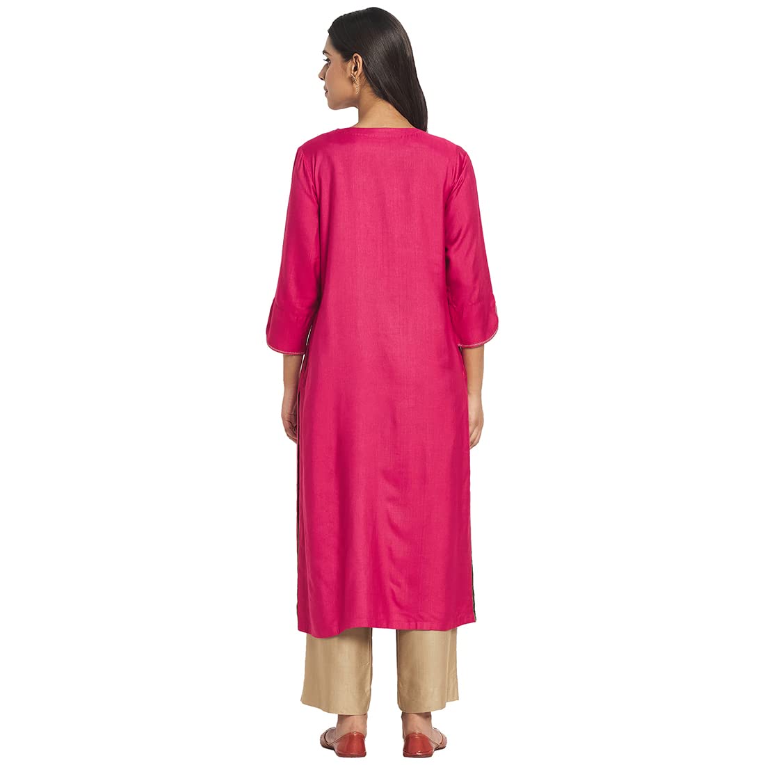 Fabindia Women Viscose Silk Embroidered Long Kurta Pink