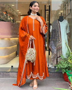 ANNI DESIGNER Womens Rayon Viscose Anarkali Embroidered Kurta with Pant & Dupatta (Ranibai Orange_L_Orange_Large)