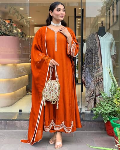 ANNI DESIGNER Womens Rayon Viscose Anarkali Embroidered Kurta with Pant & Dupatta (Ranibai Orange_L_Orange_Large)