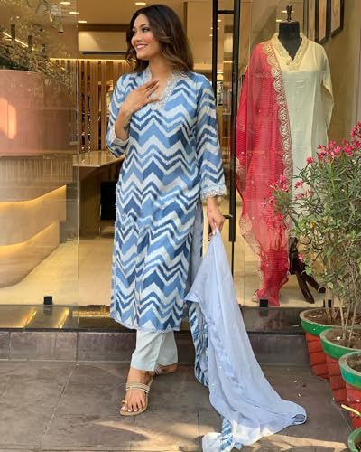 ANNI DESIGNER Womens Cotton Blend Straight Printed Kurta with Pant & Dupatta (Aroor Blue_S_Blue_Small)