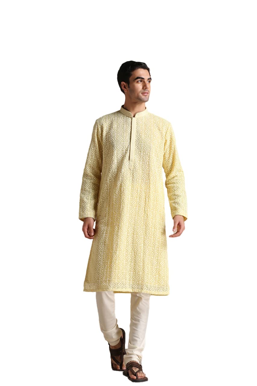 Manyavar Kurta Set for Men, Full Sleeves Mandarin Collar Ethnic Kurta Pajama For Engagement, Wedding, Party Georgette