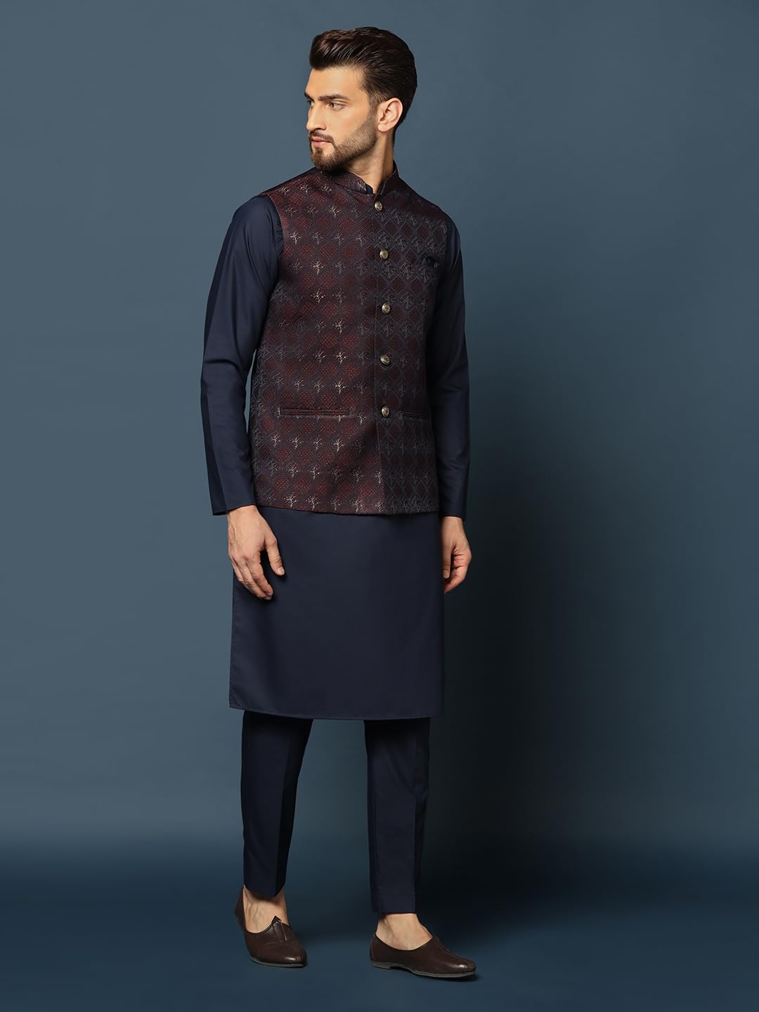 Kisah MenS Purple Kurta Jacket Trousers Set Cotton Blend, Woven Design, Full Sleeves, Straight, Regular Fit, Mandarin Collar Et