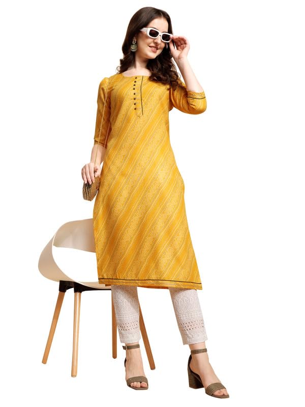 Nainvish Women'S Cotton Blend Straight Round Neck Printed Kurta (Sd414_K-M._Yellow)