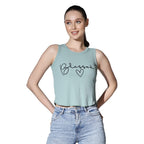 OM SAI LATEST CREATION Crop Tops for Women || Ribbed Solid Chest Printed Crop Top for Girls || Text & Hart Print with Round Neck
