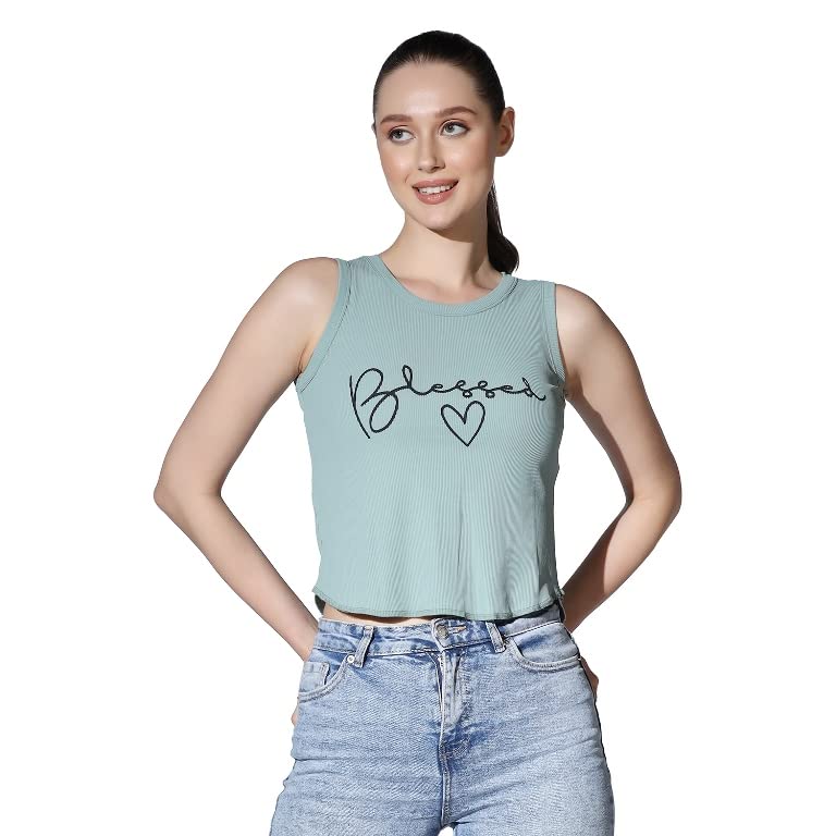 OM SAI LATEST CREATION Crop Tops for Women || Ribbed Solid Chest Printed Crop Top for Girls || Text & Hart Print with Round Neck