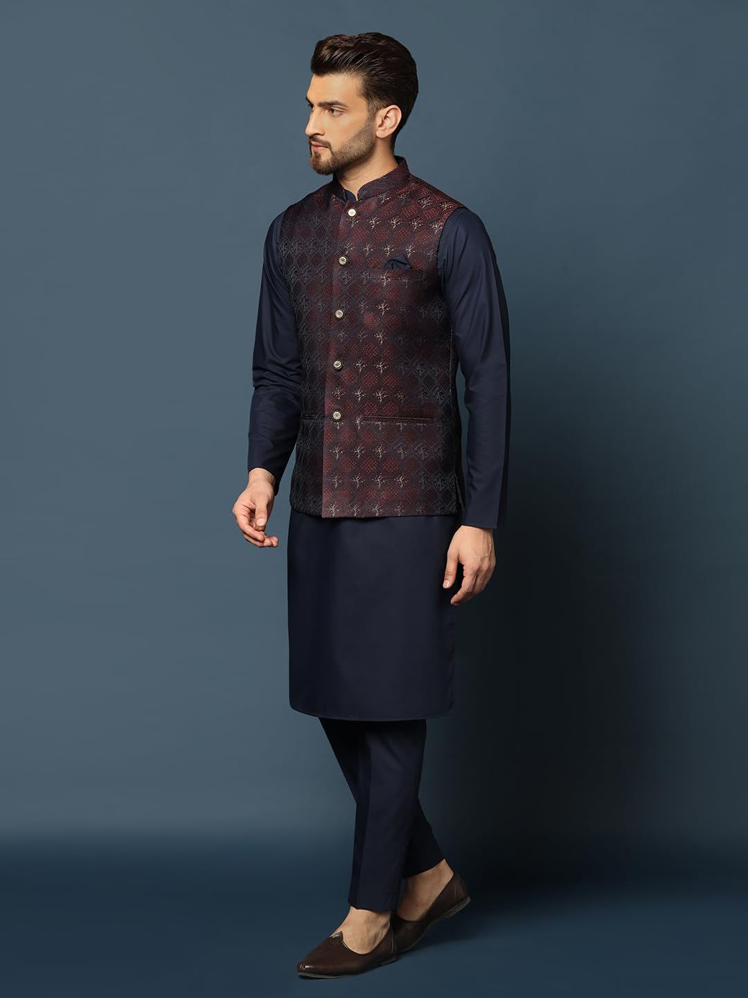 Kisah MenS Purple Kurta Jacket Trousers Set Cotton Blend, Woven Design, Full Sleeves, Straight, Regular Fit, Mandarin Collar Et