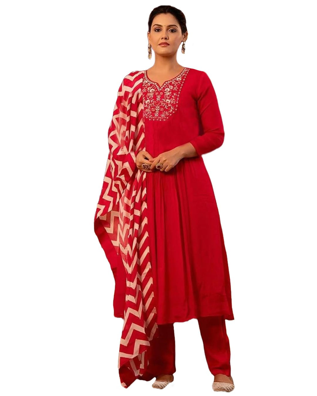 ANNI DESIGNER Women s Regular Rayon Blend Floral Kurta with Pants and Dupatta, Red, 44