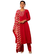 ANNI DESIGNER Women s Regular Rayon Blend Floral Kurta with Pants and Dupatta, Red, 44