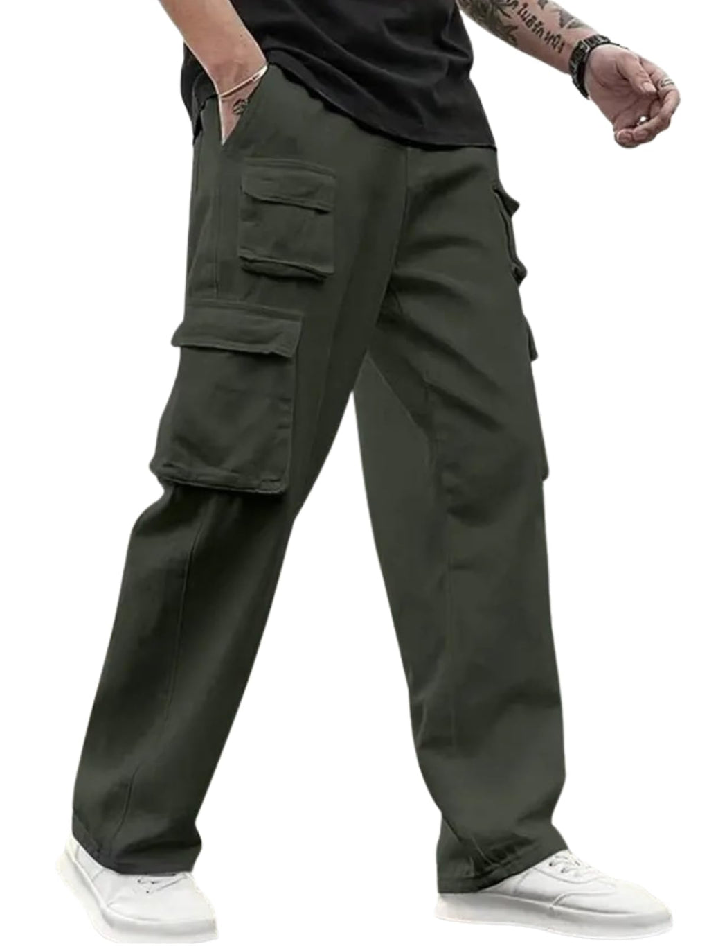 Veirdo Men's Cotton Baggy Fit Ankle Length Mid Rise 6 Pocket Cargos