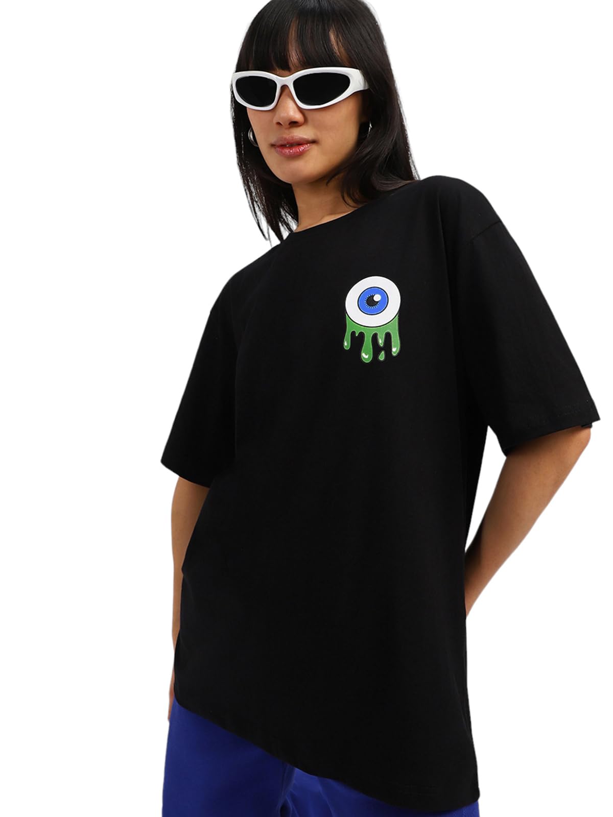 Juneberry Women Black Cotton Oversized Drop Shoulder Sleeves Baggy Fit T-Shirt
