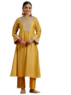 Libas Gerua Womens Yoke Design Silk Blend A-Line Kurta With Trousers