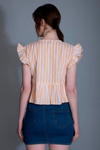 Leriya Fashion WomenS Western Crop Tops | Fancy Stripped With Ruffle Sleeves | Button Down Lightweight Cotton For Girls | Suita