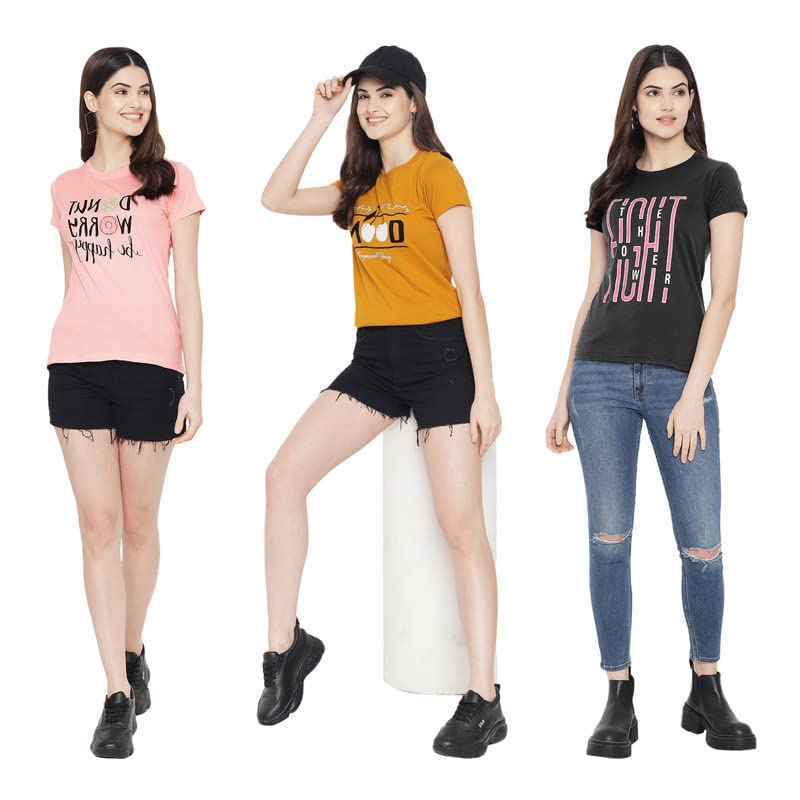 Preneum Womens Cotton Regular Fit Latest Graphic Stylish Printed Short Sleeves Casual T-Shirt || Latest Trendy & Styling (Pack