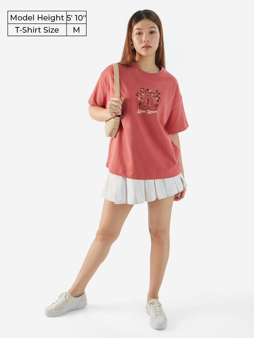 The Souled Store Slow Women and Girls Short Sleeves Round Neck Pink Embroidered Cotton Oversized T-Shirts