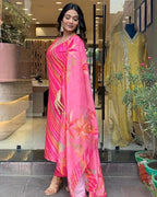 ANNI DESIGNER Womens Cotton Blend Straight Printed Kurta with Pant & Dupatta (Mang Pink_M_Pink_Medium)