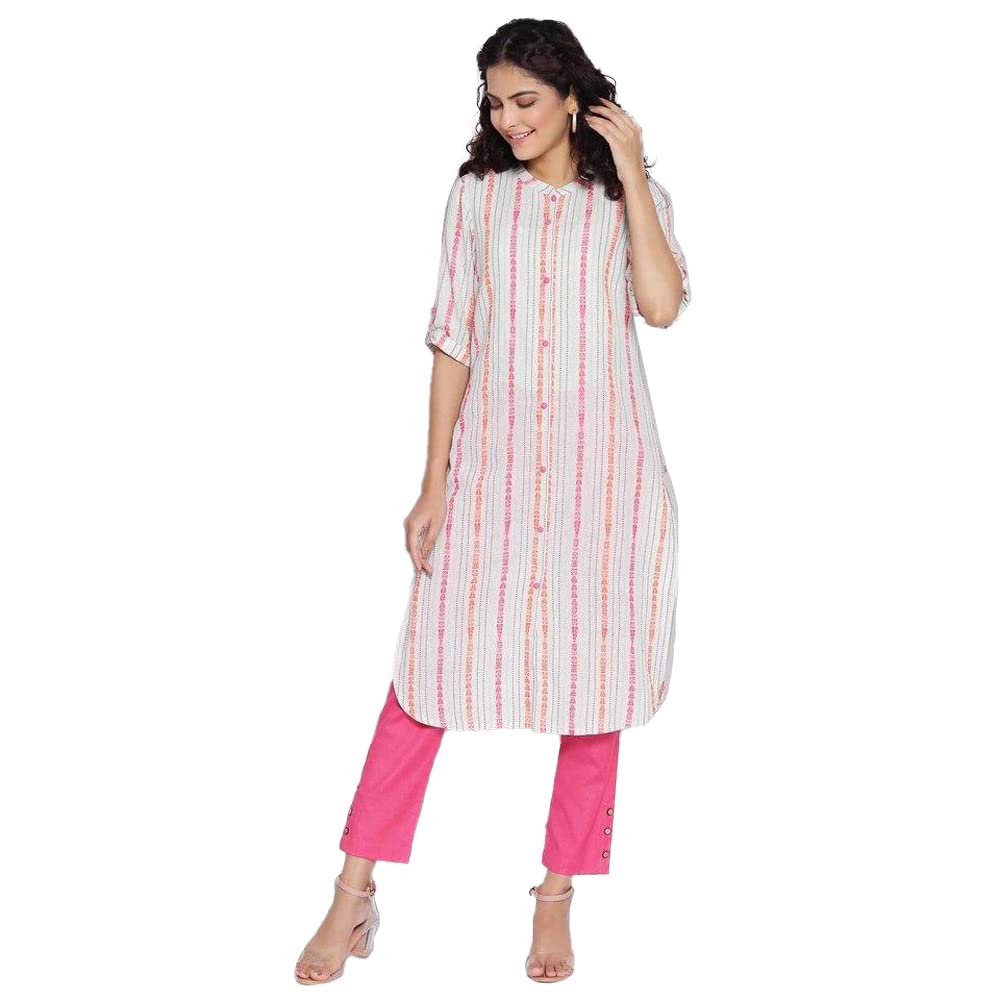 Aurelia Band With Placket Cotton Womens Knee Length Kurta (S21Aua11854B006,Natural,Medium)