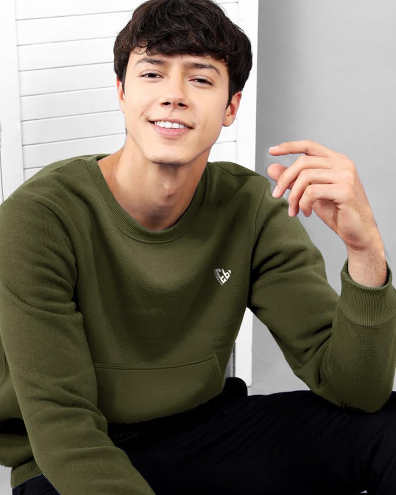 Eyebogler MenS Cotton Blend Round Neck Sweatshirt Olive Green