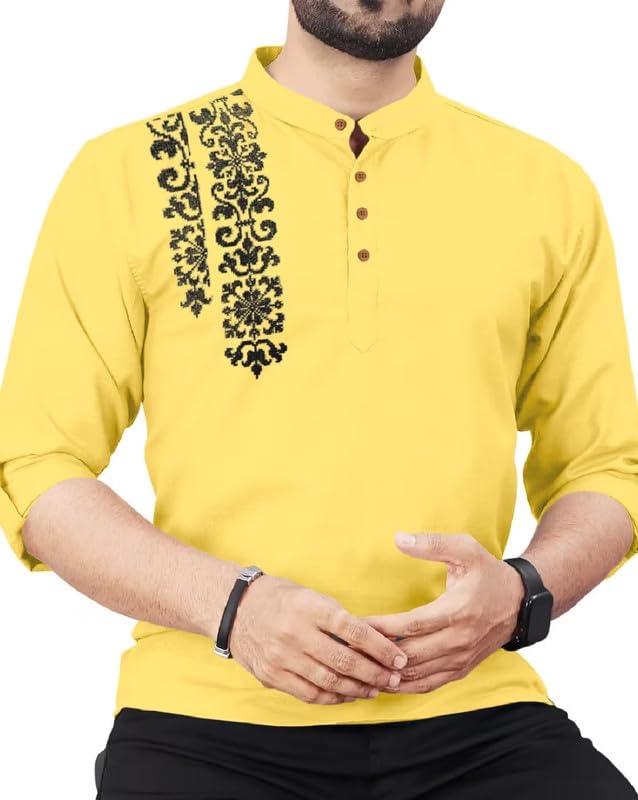 Finivo Fashion MenS Cotton Blend Kurta Style Shirt | Mandarin Collar Long Sleeve Casual Ethnic Shirt With Button Placket | Styl