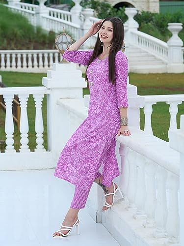 ANNI DESIGNER Womens Cotton Blend Straight Printed Kurta with Pant Set (EDF-Purple_XXL_Purple_XX-Large)