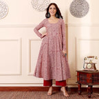 ANNI DESIGNER Womens Rayon Viscose Anarkali Printed Kurta with Pant (GRUSHA RED_L_Red_Large)