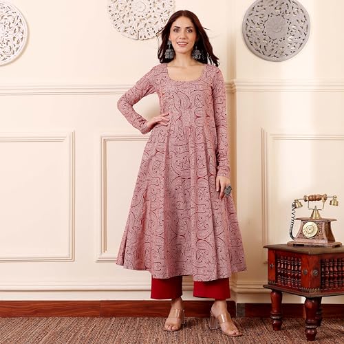 ANNI DESIGNER Womens Rayon Viscose Anarkali Printed Kurta with Pant (GRUSHA RED_XL_Red_X-Large)