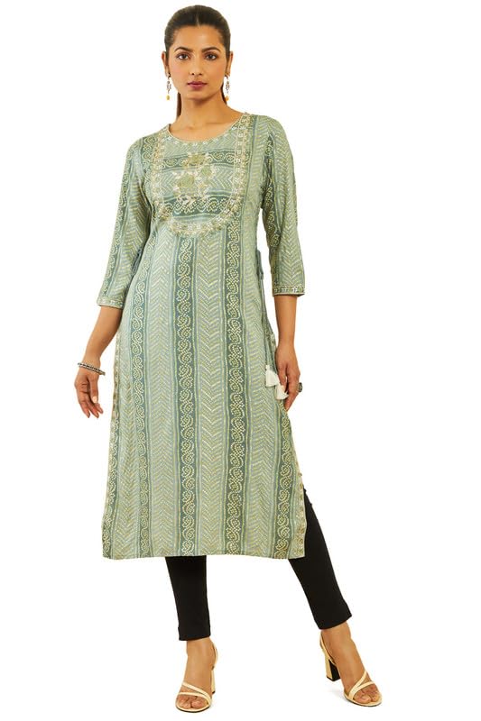 Soch Women Rayon Bandhani Print Straight Kurta with Embroidered Yoke