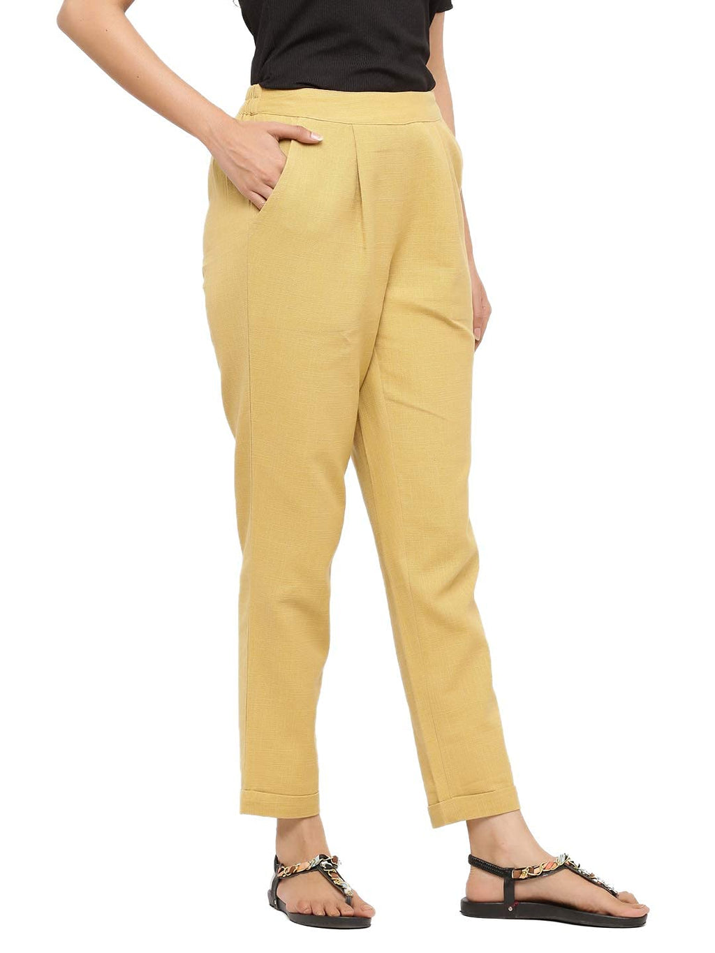 Digital Shopee Women Regular Fit Elastic Waist Full Length Cotton Formal Trouser For Casual Wear, Office Wear Beige