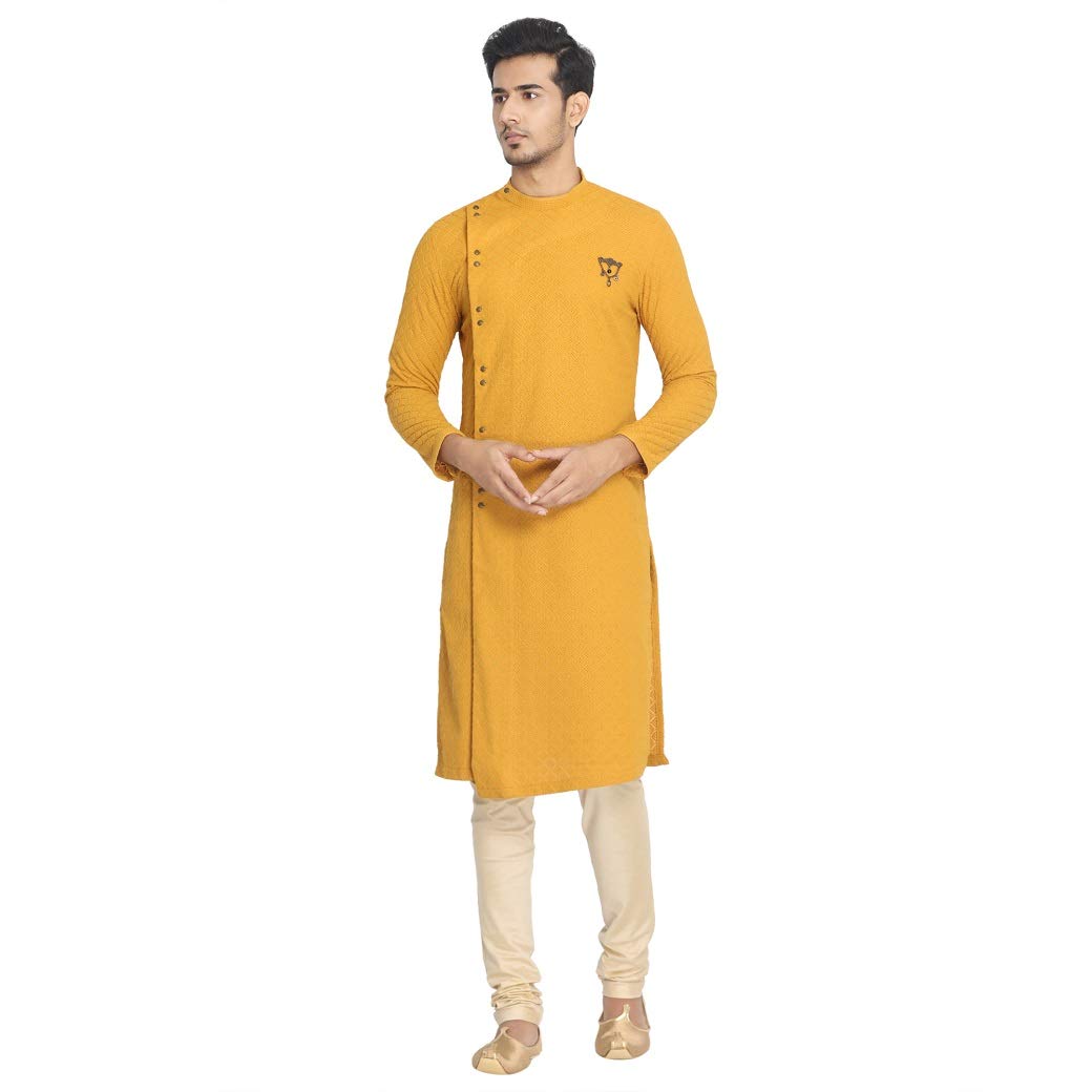 Manyavar Traditional Self Design Side Opening Kurta And Churidar Set For Men - (Yellow, Medium)