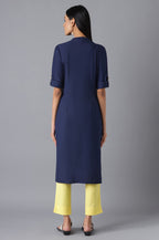 Aurelia Women'S Cotton Navy Geometric Mandarin Collar Straight Kurta