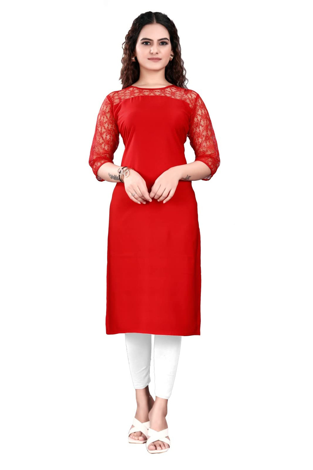 Gauri Laxmi Enterprise Womens Printed Straight Kurti (Crepe Red S
