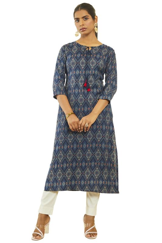 Soch Women Rayon Geometric Print Kurta with Tasselled Neck Tie-Up