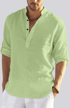 Hemrin MenS Cotton Blend Full Sleeve Short Kurta Shirt With Mandarin Collar Light Green