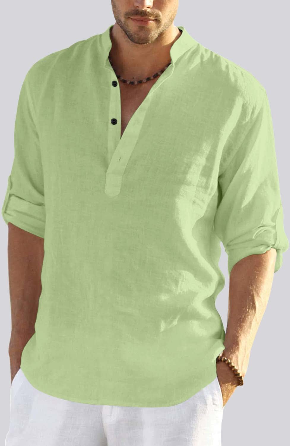 Hemrin MenS Cotton Blend Full Sleeve Short Kurta Shirt With Mandarin Collar Light Green