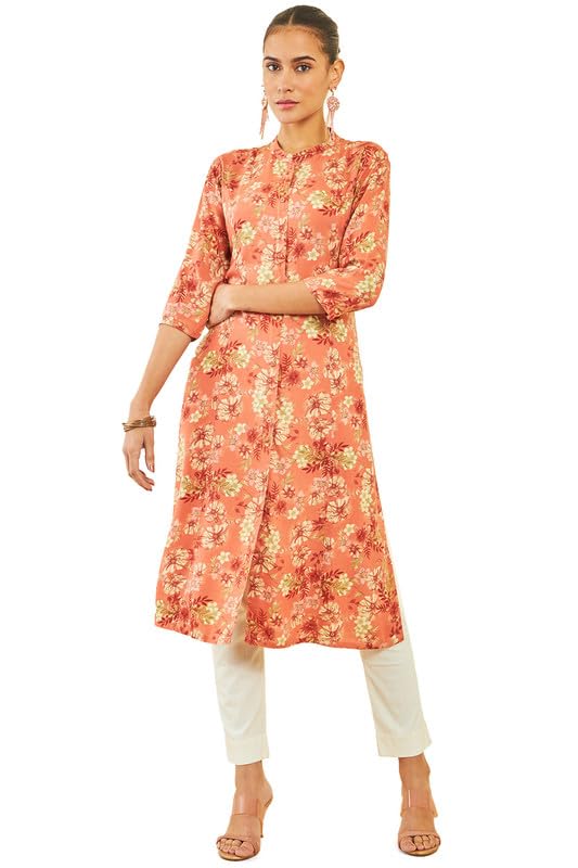 Soch Womens Peach Rayon Kurta With Floral And Foliage Print