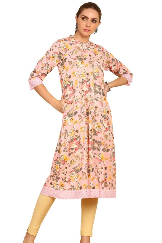 Soch Womens Pink Floral Printed Cotton Flex Mandarin Collar Kurta With Lace