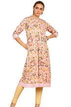 Soch Womens Pink Floral Printed Cotton Flex Mandarin Collar Kurta With Lace