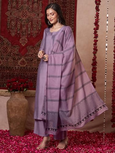 ANNI DESIGNER Womens Rayon Viscose Solid Straight Kurta with Pant & Dupatta (Raja Saab Purple-VKS14_L_Purple_Large)