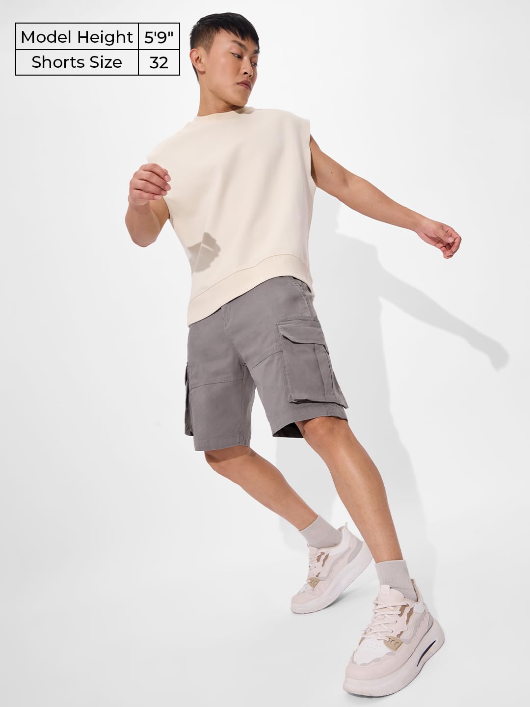 The Souled Store Solids: Mystic Grey Men and Boys Buttoned Knee Length Cotton Cargo Shorts