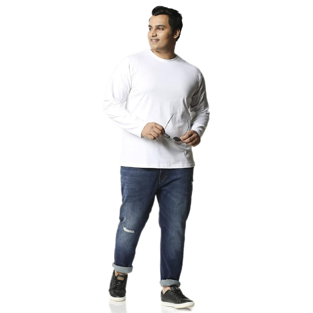 Bewakoof Mens Solid 100% Cotton Plus Size T-Shirt - Regular Fit, Round Neck, Full Sleeves White