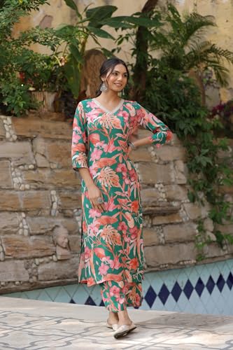 ANNI DESIGNER Womens Cotton Blend Printed Straight Kurta with Pant Pack of 2 (Chinki Green-SouthZ Purple_XL_Multi_X-Large)