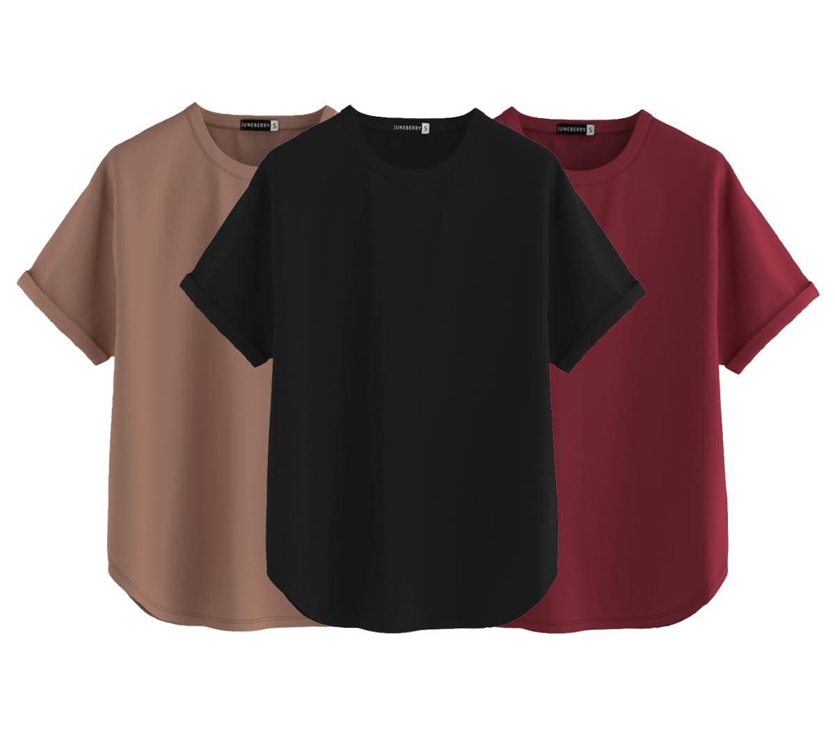 Juneberry Pure 100% Cotton Oversized Loose Baggy Fit Round Neck With Drop Shoulder Black & Cork & Maroon Half Sleeves Boyfriend 