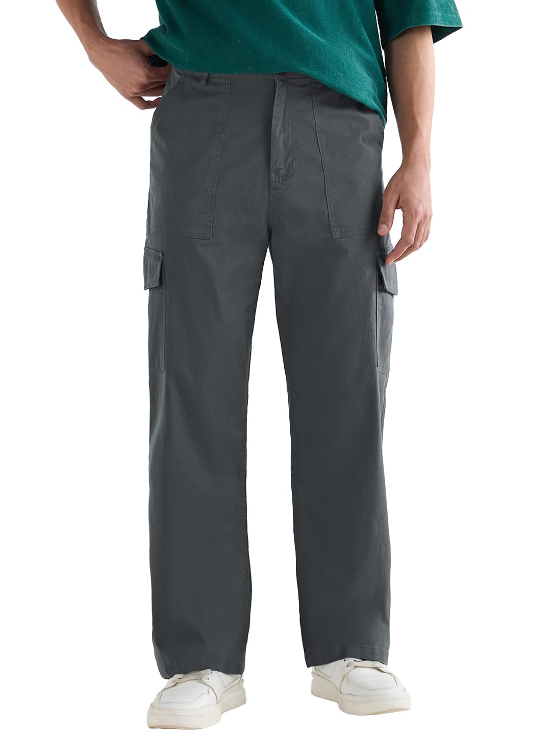 Bewakoof Mens Solid Straight Fit Cotton Spandex Cargo Casual Pants_628751_Grey_32