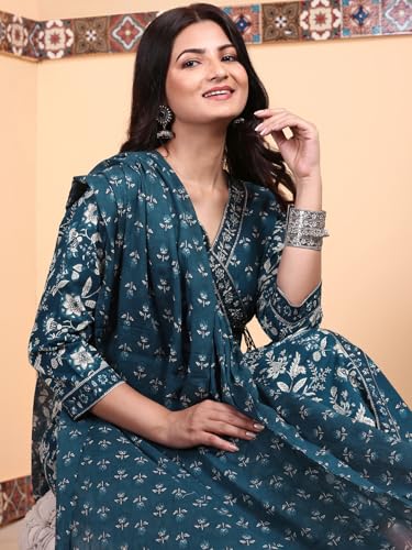 Ishin Indigo Floral Printed Angrakha Tie-Up Kurta With Pants And Printed Dupatta | Kurta Set For Women | Kurta With Trousers And
