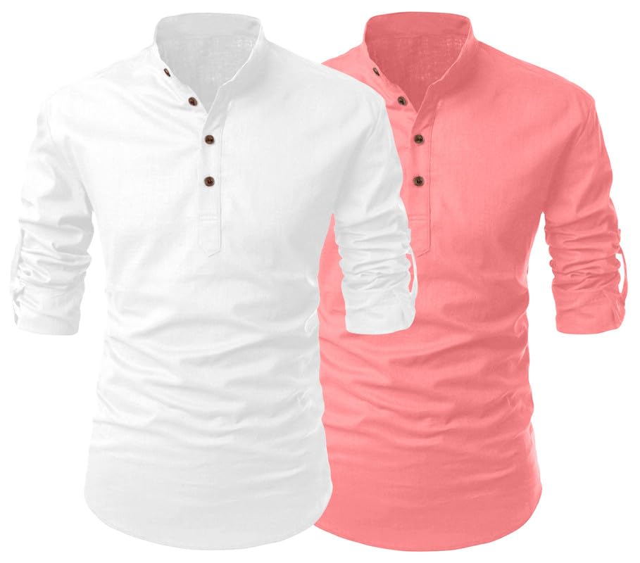 Finivo Fashion Combo Of MenS Regular Fit Cotton Blend Solid Full Sleeves Kurta | Short Kurta For Men (Pack Of 2)