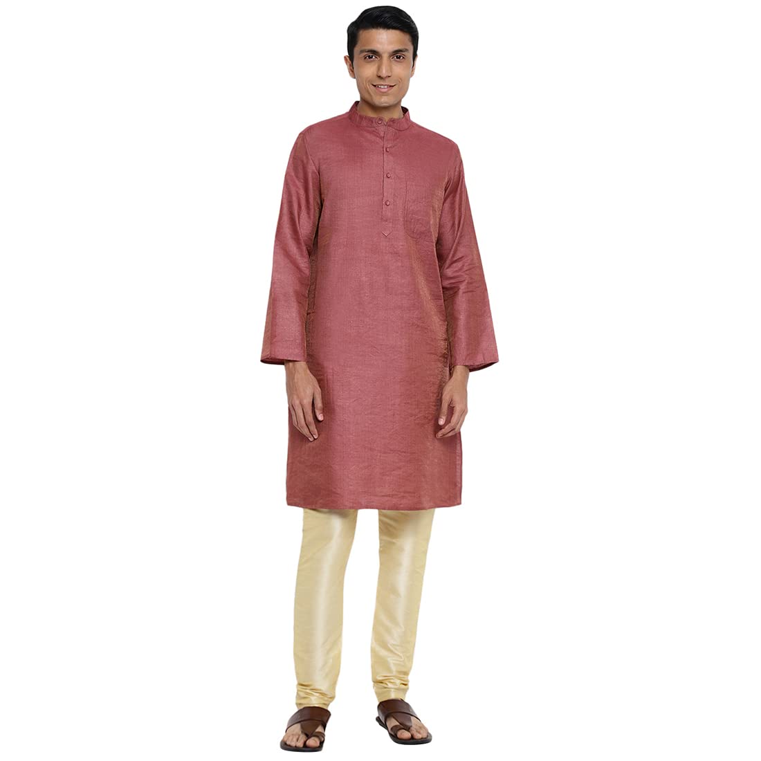 Fabindia Men Silk Blend Long Kurta Comfort Fit Pink_L