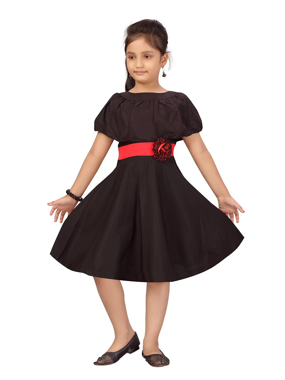 Aarika Girls Silk Skater Knee-Length Dress (MR_FK-21309_Black