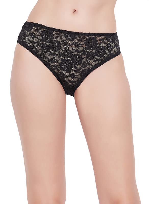 Clovia Womens Lace High Waist Self-Patterned Bikini Panty (Pn3534P13_Black_XL)